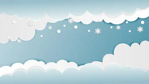 Clouds background with snowflakes in paper cut style. Vector illustration. Di Illustrazione stock