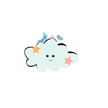 Clouds with birds. Emblem design on white background. Stock Illustration