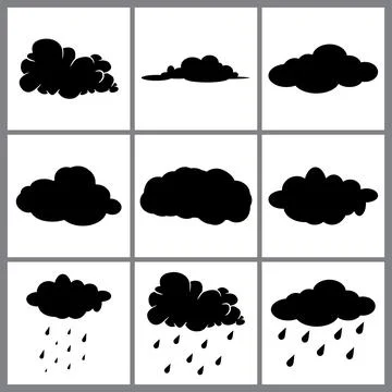 Clouds black shape set. Cloud icon, cloud symbol. Set of different clouds. Co Illustrazione stock