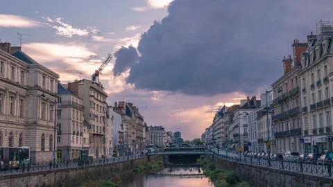 Clouds Blowing Over the River Vilaine at Sunset, Rennes, 4K Stock Footage 206861043