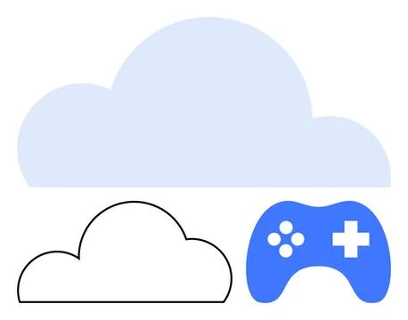 Clouds in blue and black outlines alongside a blue game controller with butto Stock Illustration