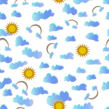 Clouds with blue-blue gradient rainbow and sun on a white background seamless Stock Illustration