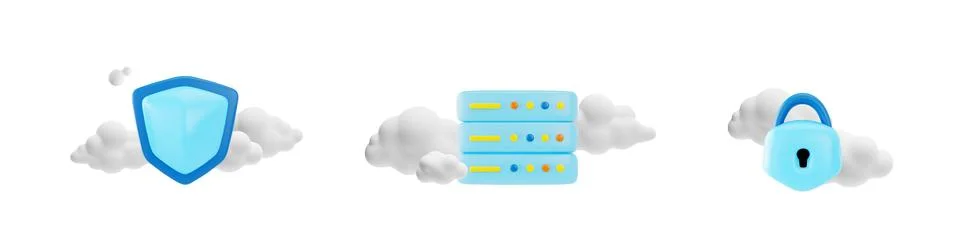 Clouds with blue shield, server and padlock 3D style, vector illustration Stock Illustration