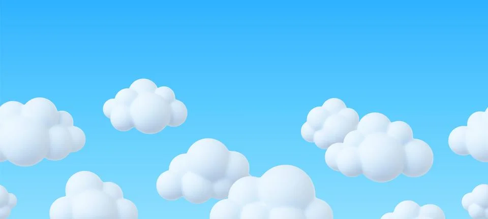 Clouds in blue sky, 3d white cloud seamless banner. Fluffy bubbles, spring 스톡 일러스트