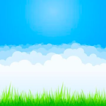 Clouds on blue sky with green grass background. Vector flat air white cloud Stock Illustration