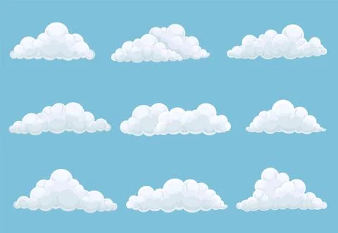 Clouds on blue sky set. Storage solution, database, networking, meteorology Stock Illustration