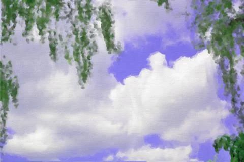 Clouds on blue sky through tree branches. Art. Stock Illustration