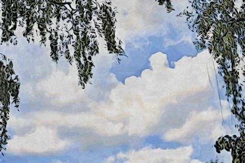 Clouds on blue sky through tree branches. Painter. Stock Illustration