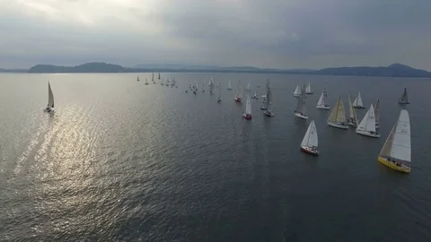 Clouds, boats and clouds with video drone Lago Maggiore Stock Footage 75044365