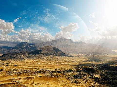 Clouds break over a desert on Matsya, giving a glimpse of the planet Samandar. Stock Illustration