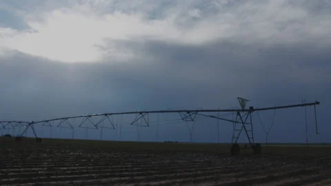 Clouds build up behind center pivot in cotton field, 4K. Video stock 164414819