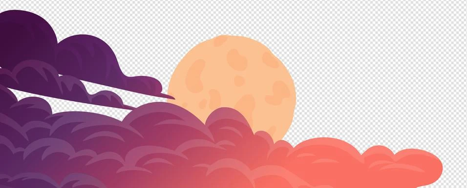 Clouds, cartoon vector background. Evening cloudsand full moom on white Stock Illustration