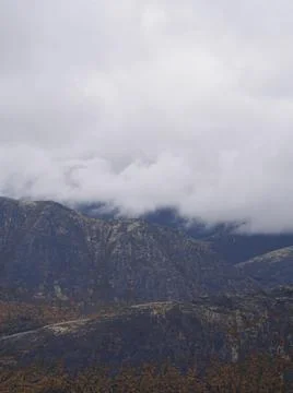 The clouds caught on the tops of the mountains. Low clouds in the mountains.  Stock Photos