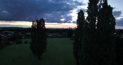 Clouds in colourful twilight sky and silhouettes of trees and tall skyscrapers Vídeos de archivo 201883710