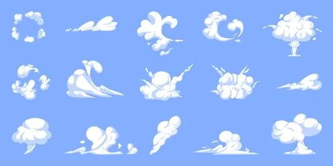 Clouds. Comic effects, explosion and fire puff, swirl cloud and dust smoke, w Illustrazione stock