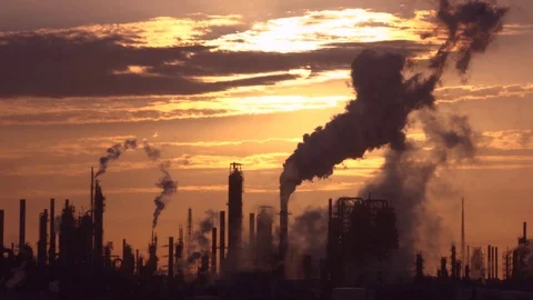 Clouds of dark smoke emitted by tremendous refinery factory Stock Footage 115847869