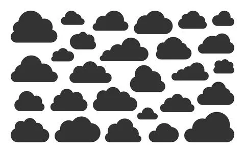 Clouds data storage sync tech flat black icon set Illustrazione stock