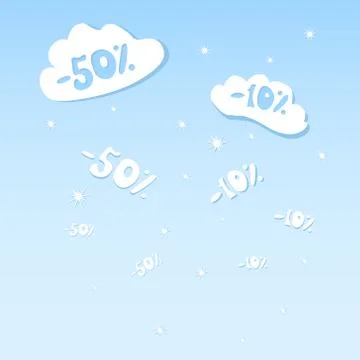 Clouds of discounts and rain of low prices, snowflakes on a blue background Stock Illustration
