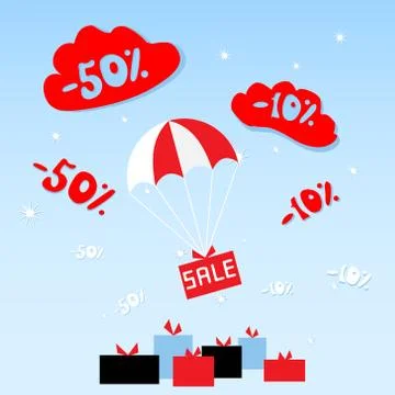 Clouds of discounts and rain of low prices, snowflakes on a blue background Stock Illustration