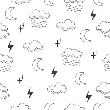 Clouds doodle seamless pattern. Line cloud and moon, children nursery template Illustrazione stock
