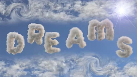 Clouds with "Dreams" Word visible on Blue Sky, Vortexes and Sun Stock Footage 131080174