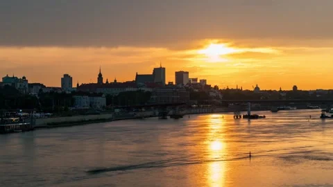 Clouds Drift in Fast-Forward Over Warsaw City and River Sunset Scene Stock Footage 291682272