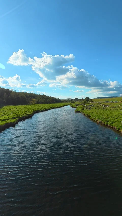 Clouds drift gently above lush green fields. Black Rzav river. Vertical Stock Footage 337482606