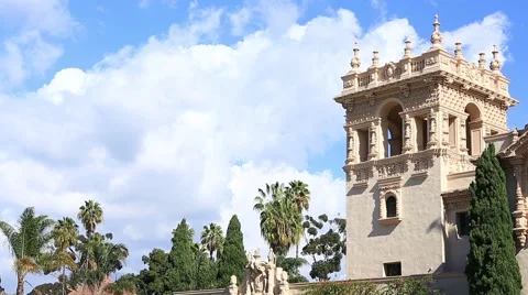 Clouds drifting by old Spanish architecture 스톡 동영상 50521256