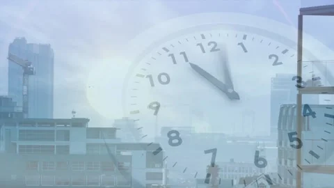 Clouds drifting, translucent analog clock hovering over skyline, hands advancing Stock Footage 328233885
