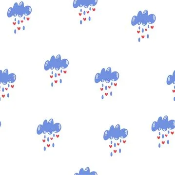 Clouds with drops and hearts seamless pattern. Colorful hearts rain. Cute sea Stock Illustration