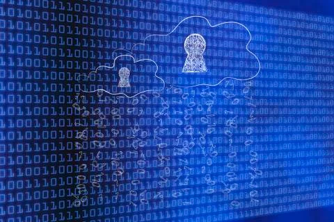 Clouds with electronic circuit locks and rain of binary code Stock Illustration