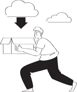 Clouds Emit Downward Arrows, People Receive in Cardboard Boxes Illustration - Stock Illustration