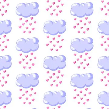 Clouds with falling hearts seamless pattern. Cartoon style. For kids fabric Stock Illustration