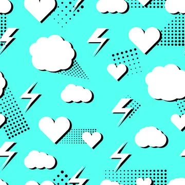 Clouds, flash and hearts. Pop art trendy style seamless pattern. Decorative イラスト素材