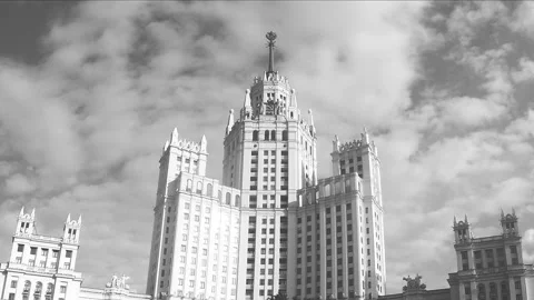 Clouds float above the tower black and white timelapse Stock Footage 87222651
