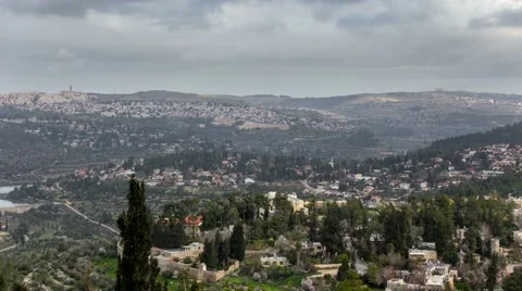 Clouds float over the holy city of Jerusalem. View of the mountains, hills Stock Footage 47329514