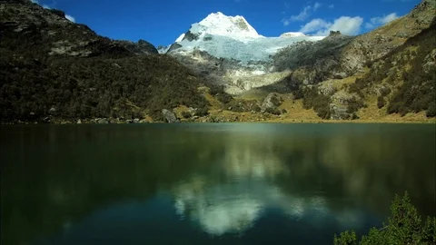 Clouds floating over green lake and mountain Stock Footage 77444830