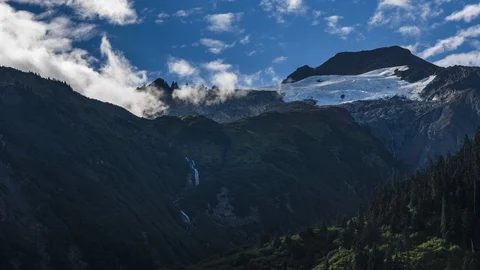 Clouds flowing over lush green mountains with waterfall 8K time lapse Stock Footage 113999906