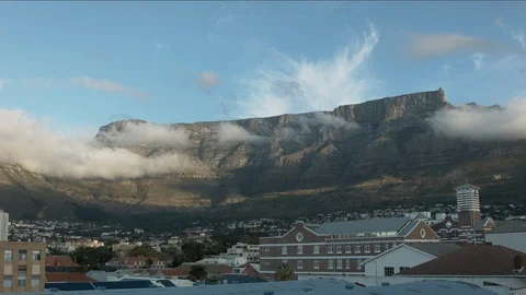 Clouds fly over the Table mountain and roofs of Cape Town. Timelapse Stock Footage 121399016
