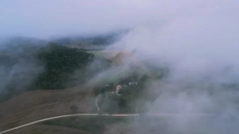 Clouds. Fog. Aerial view. Cloudy weather. Autumn. Damp. Out of town. Roadway Video stock 263379888