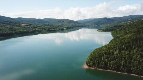Clouds of fog after summer rain. landscape with lake and mountain woodland Stock Footage 125846313