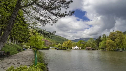 Clouds formation moving above the artificial city lake of Dilijan Stock Footage 190001358