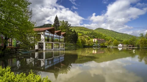 Clouds formation moving above the artificial city lake of Dilijan Stock Footage 190001743