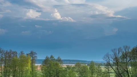 Clouds forming over trees, green field and swamp. Spring timelapse Stock Footage 107771099