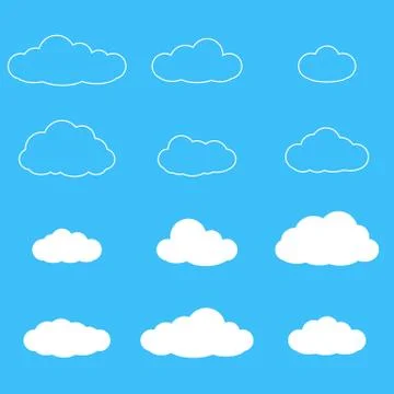 Clouds icon set. Different cloud shapes isolated on the blue sky background. Stock Illustration