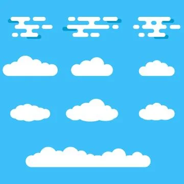 Clouds icon set. Different cloud shapes isolated on the blue sky background. Stock Illustration
