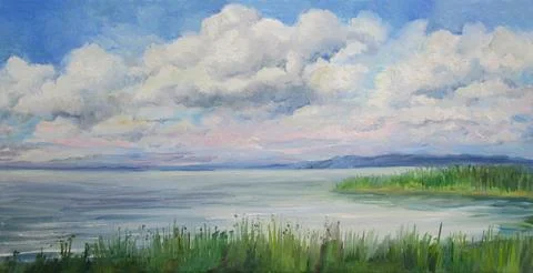 Clouds illuminated by the sun over the river, painting oil on canvas Stock Illustration