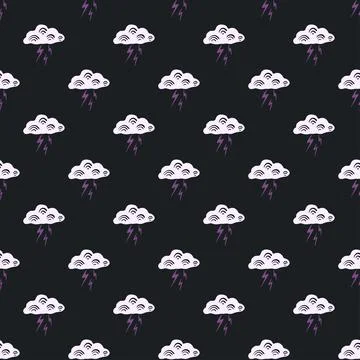 Clouds with lightning of seamless pattern. Cute hand drawn background. Stock Illustration