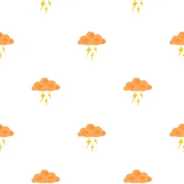 Clouds with lightning of seamless pattern. Cute hand drawn background. イラスト素材