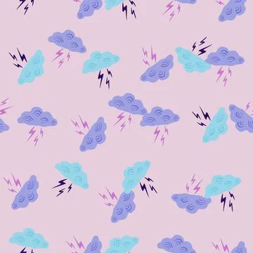 Clouds with lightning of seamless pattern. Cute hand drawn background. Illustrazione stock